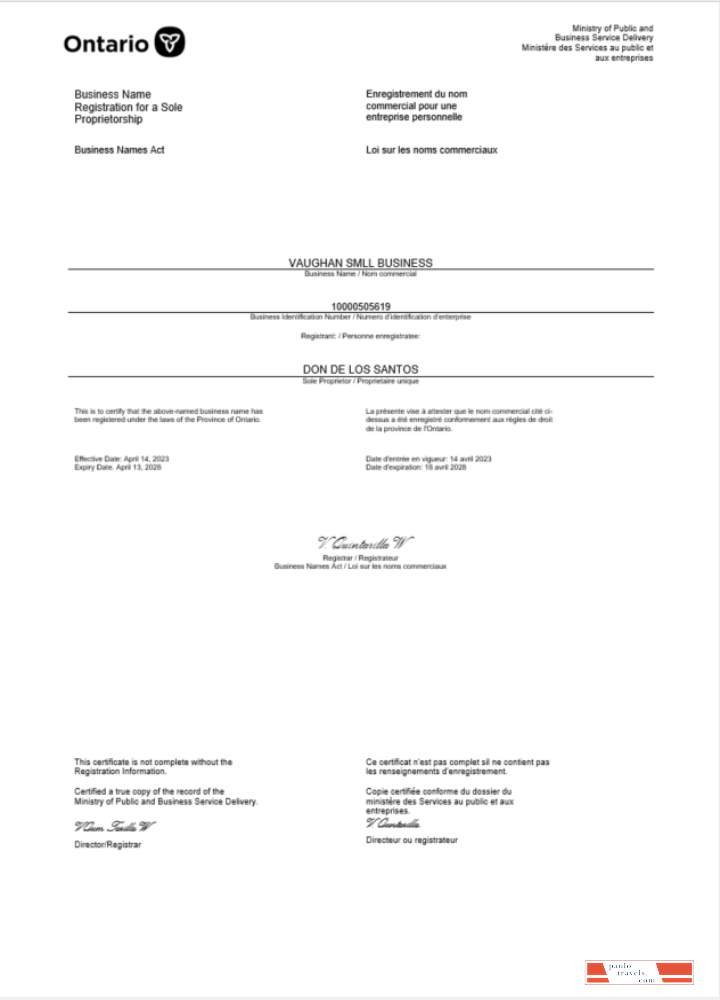 Canada Ontario certificate of business registration Word and PDF template